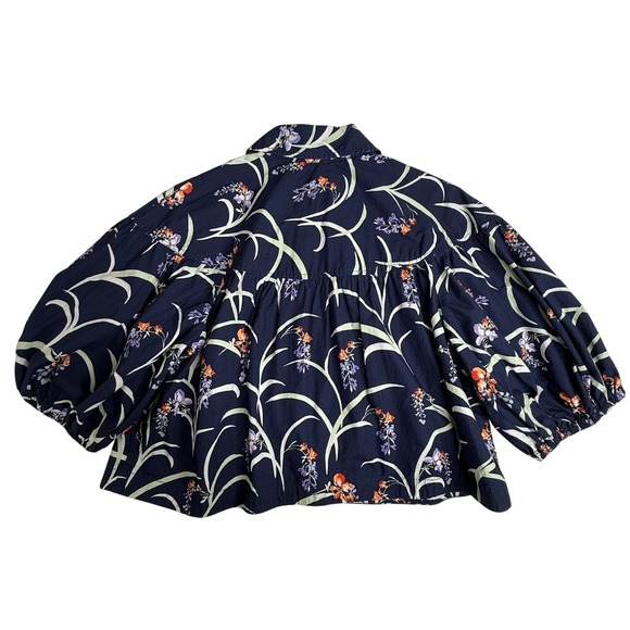 Maeve Anthropologie SP Floral Puff Sleeve Button Down Blouse Navy Cotton - Picture 3 of 9